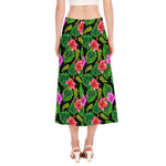 Monstera Hibiscus Hawaii Pattern Print Side Slit Midi Skirt