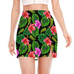 Monstera Hibiscus Hawaii Pattern Print Side Slit Mini Skirt