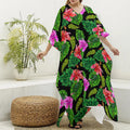 Monstera Hibiscus Hawaii Pattern Print Silk V-Neck Kaftan Dress