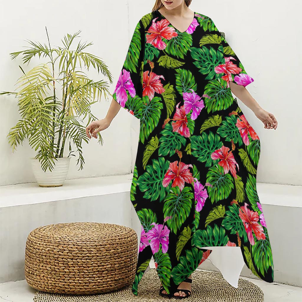 Monstera Hibiscus Hawaii Pattern Print Silk V-Neck Kaftan Dress