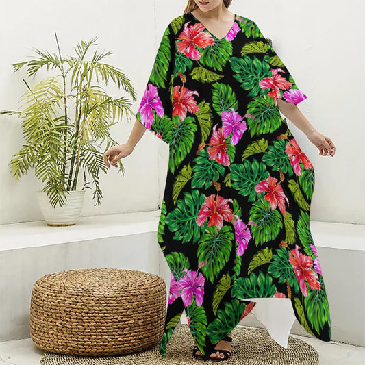 Monstera Hibiscus Hawaii Pattern Print Silk V-Neck Kaftan Dress