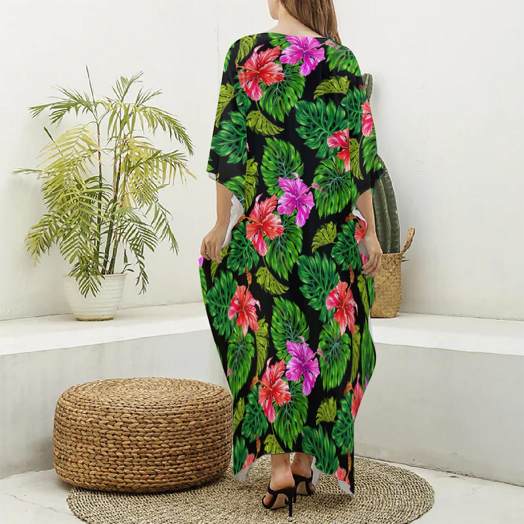Monstera Hibiscus Hawaii Pattern Print Silk V-Neck Kaftan Dress
