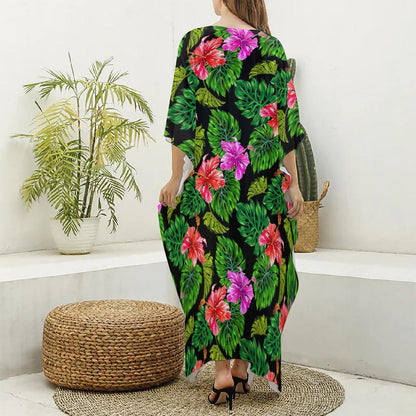 Monstera Hibiscus Hawaii Pattern Print Silk V-Neck Kaftan Dress