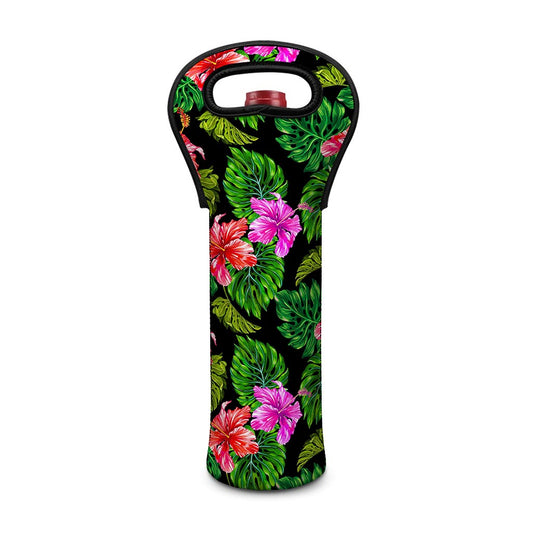 Monstera Hibiscus Hawaii Pattern Print Single Neoprene Wine Tote