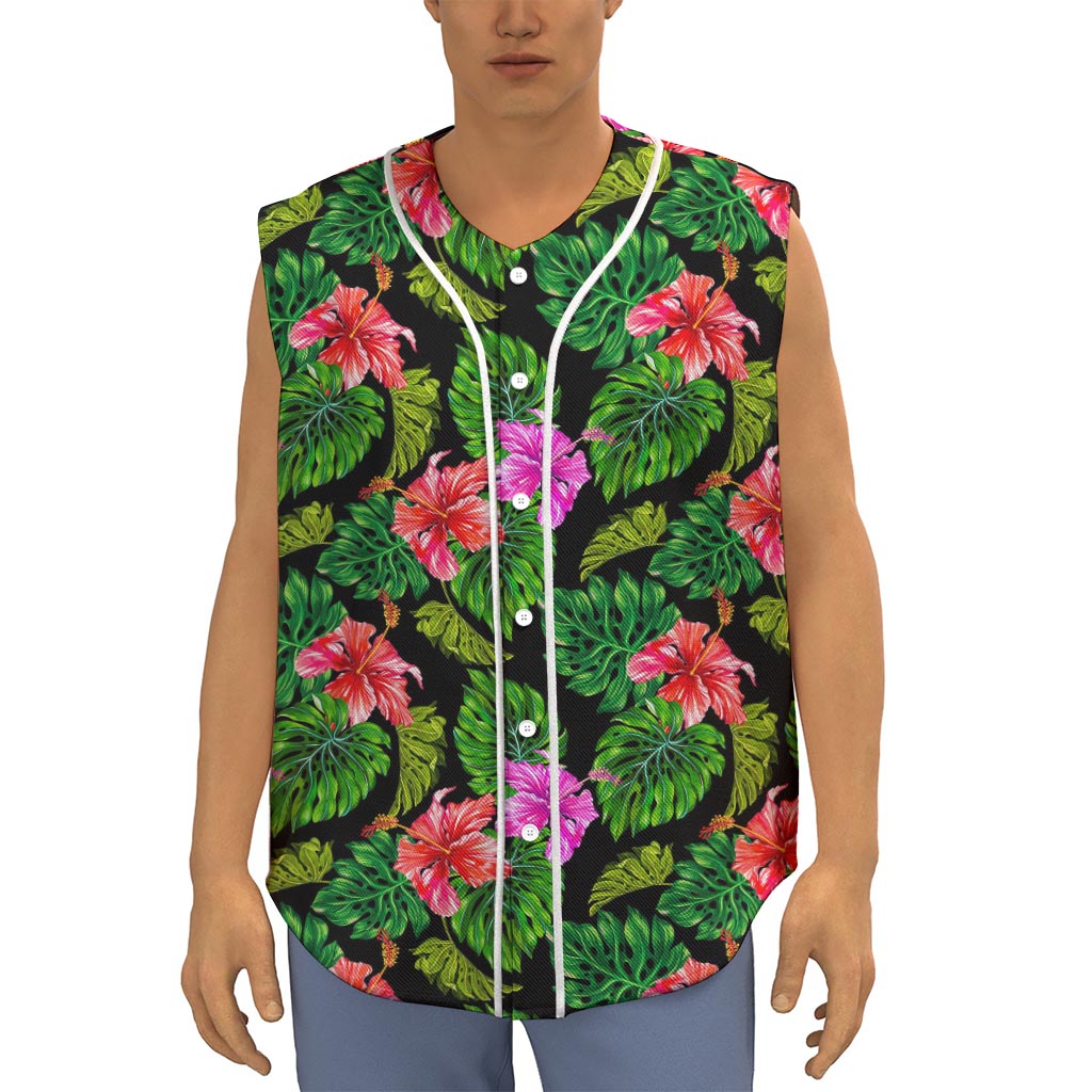 Monstera Hibiscus Hawaii Pattern Print Sleeveless Baseball Jersey
