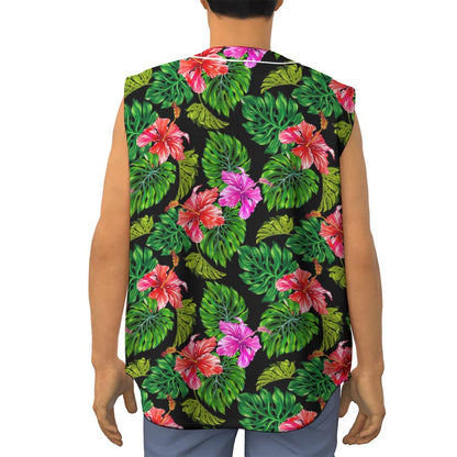Monstera Hibiscus Hawaii Pattern Print Sleeveless Baseball Jersey