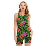 Monstera Hibiscus Hawaii Pattern Print Sleeveless One Piece Swimsuit