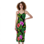 Monstera Hibiscus Hawaii Pattern Print Slim Fit Midi Cami Dress