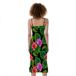 Monstera Hibiscus Hawaii Pattern Print Slim Fit Midi Cami Dress