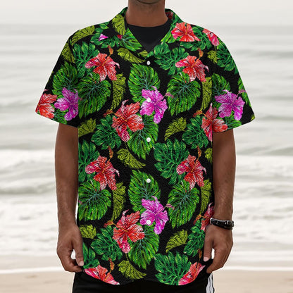 Monstera Hibiscus Hawaii Pattern Print Textured Short Sleeve Shirt