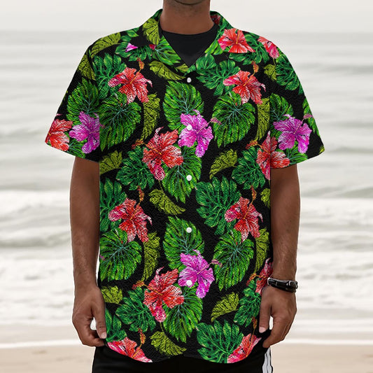 Monstera Hibiscus Hawaii Pattern Print Textured Short Sleeve Shirt
