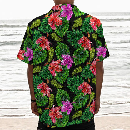 Monstera Hibiscus Hawaii Pattern Print Textured Short Sleeve Shirt