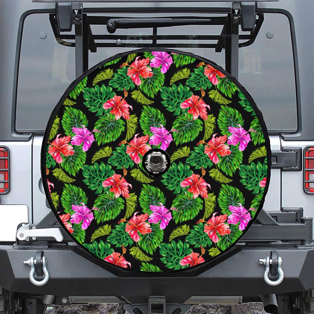 Monstera Hibiscus Hawaii Pattern Print Tire Cover With Camera Hole