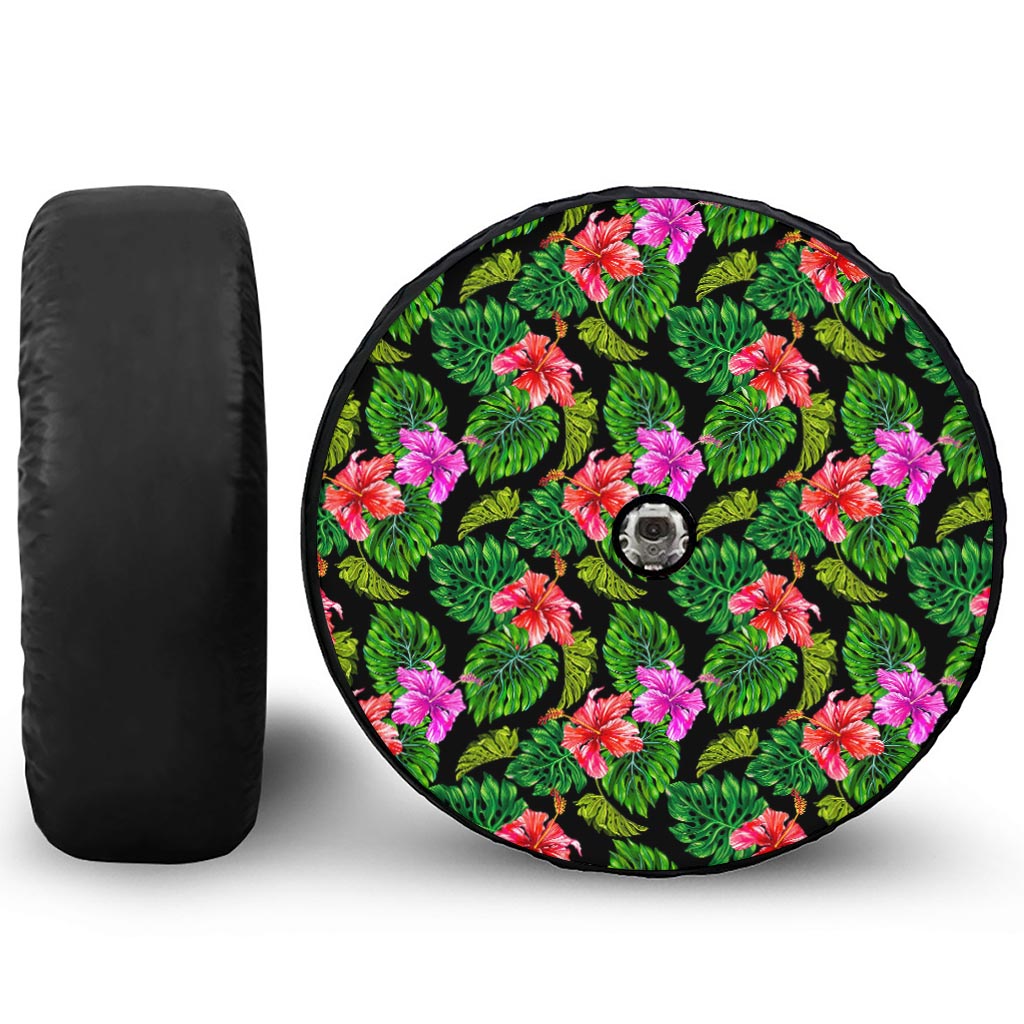 Monstera Hibiscus Hawaii Pattern Print Tire Cover With Camera Hole