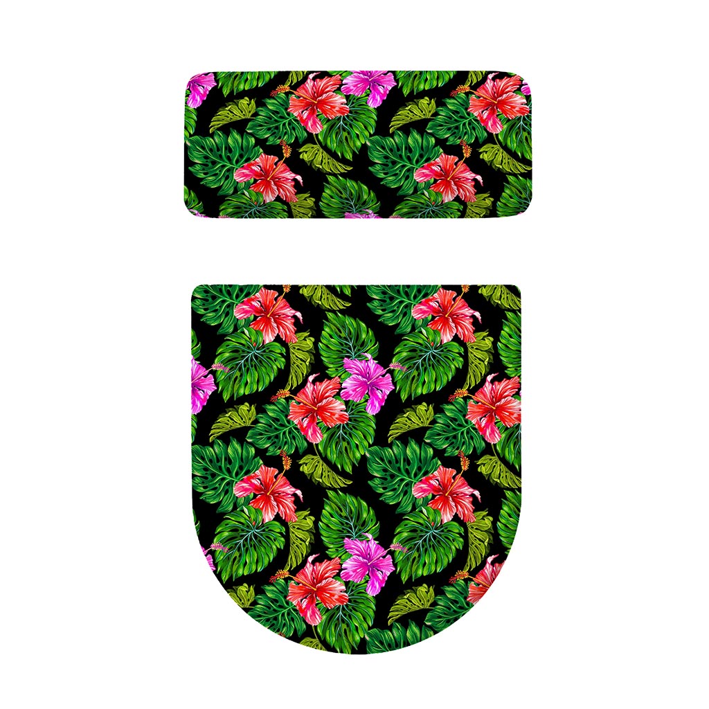 Monstera Hibiscus Hawaii Pattern Print Toilet Lid And Tank Cover Set