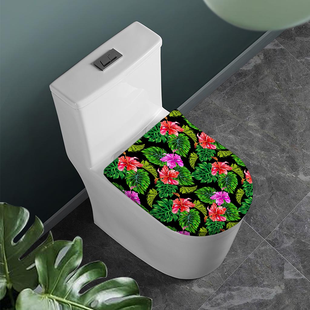 Monstera Hibiscus Hawaii Pattern Print Toilet Lid Cover
