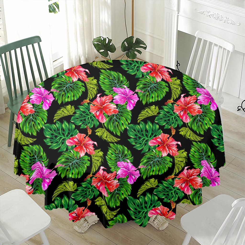 Monstera Hibiscus Hawaii Pattern Print Waterproof Round Tablecloth