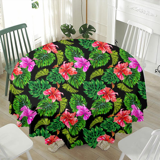 Monstera Hibiscus Hawaii Pattern Print Waterproof Round Tablecloth