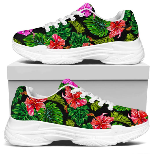Monstera Hibiscus Hawaii Pattern Print White Chunky Shoes