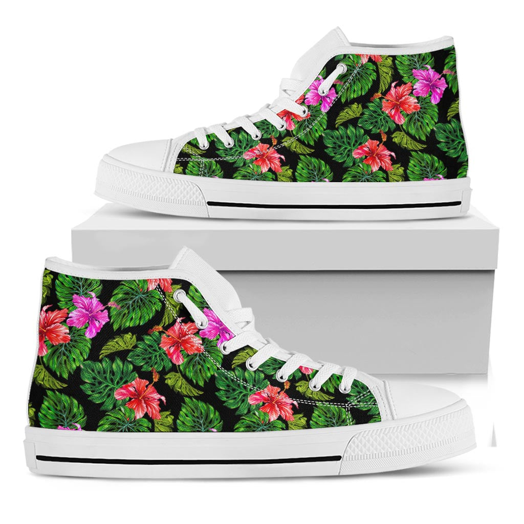 Monstera Hibiscus Hawaii Pattern Print White High Top Sneakers