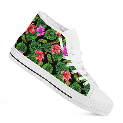 Monstera Hibiscus Hawaii Pattern Print White High Top Sneakers