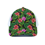 Monstera Hibiscus Hawaii Pattern Print White Mesh Trucker Cap