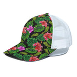 Monstera Hibiscus Hawaii Pattern Print White Mesh Trucker Cap