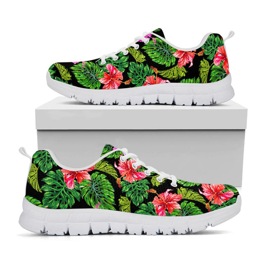 Monstera Hibiscus Hawaii Pattern Print White Running Shoes