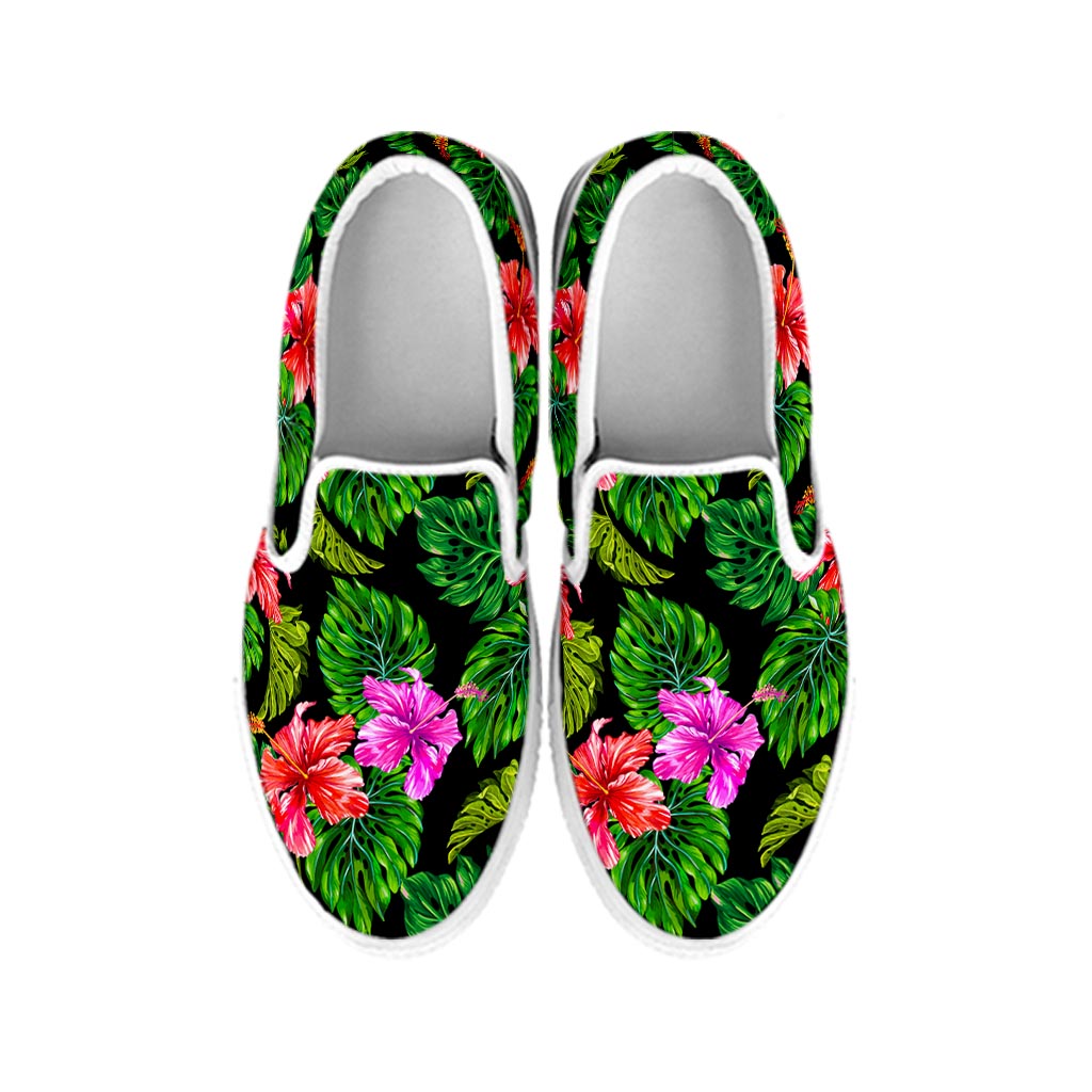 Monstera Hibiscus Hawaii Pattern Print White Slip On Sneakers