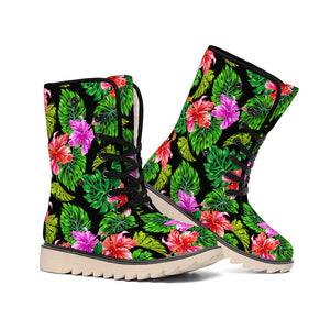 Monstera Hibiscus Hawaii Pattern Print Winter Boots