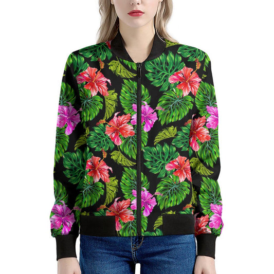 Monstera Hibiscus Hawaii Pattern Print Women's Bomber Jacket