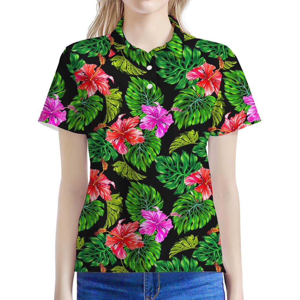 Monstera Hibiscus Hawaii Pattern Print Women's Polo Shirt