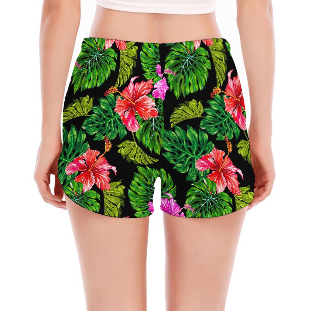 Monstera Hibiscus Hawaii Pattern Print Women's Split Running Shorts