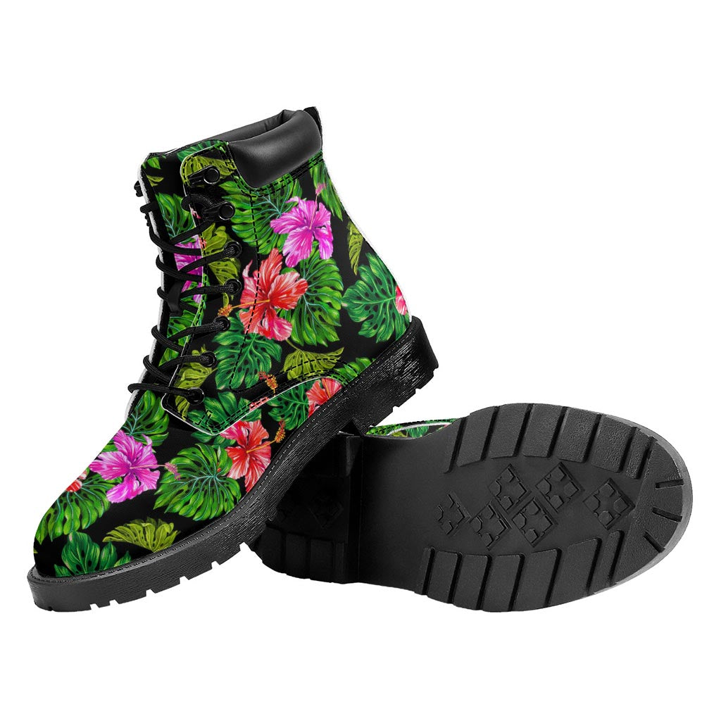 Monstera Hibiscus Hawaii Pattern Print Work Boots