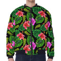 Monstera Hibiscus Hawaii Pattern Print Zip Sleeve Bomber Jacket