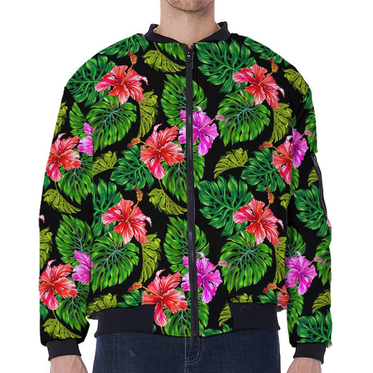 Monstera Hibiscus Hawaii Pattern Print Zip Sleeve Bomber Jacket