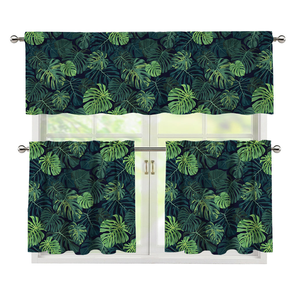 Monstera Palm Leaves Pattern Print 3 Piece Kitchen Curtains