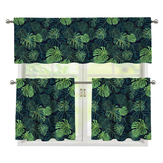 Monstera Palm Leaves Pattern Print 3 Piece Kitchen Curtains
