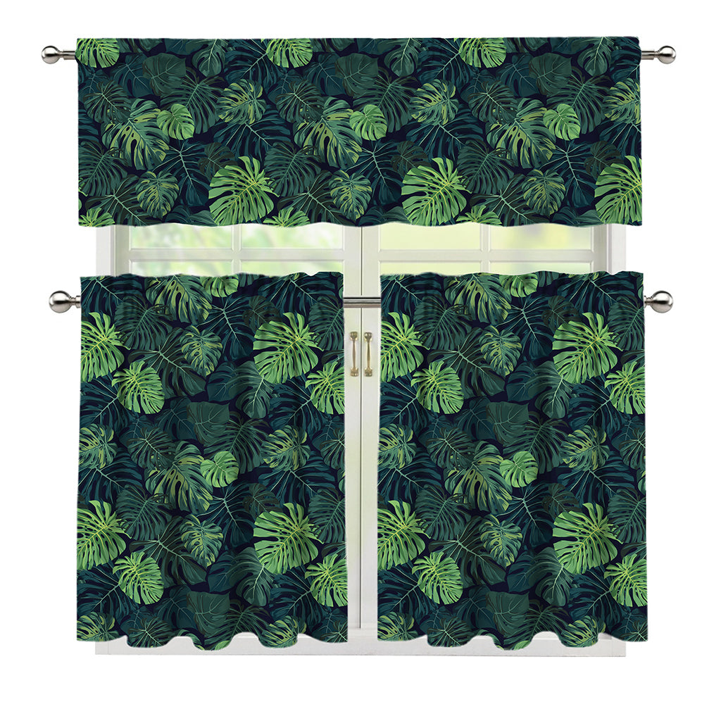 Monstera Palm Leaves Pattern Print 3 Piece Kitchen Curtains
