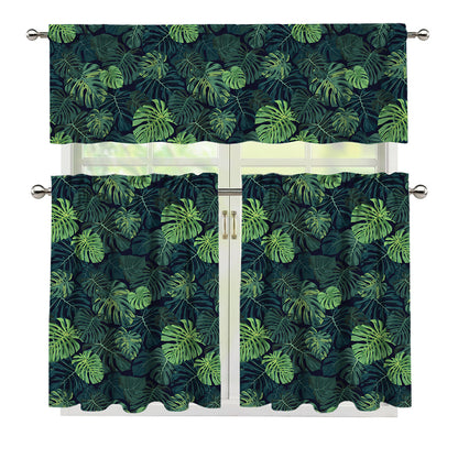 Monstera Palm Leaves Pattern Print 3 Piece Kitchen Curtains