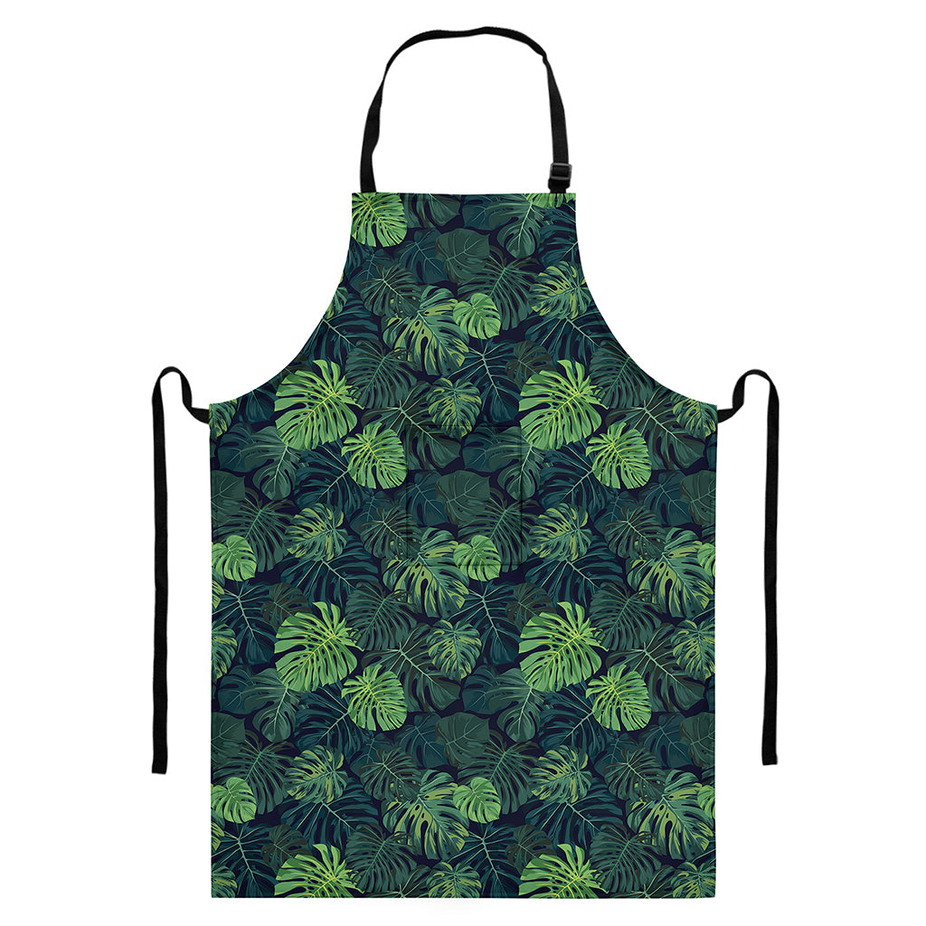 Monstera Palm Leaves Pattern Print Bib Apron With Pocket