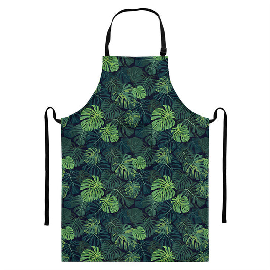 Monstera Palm Leaves Pattern Print Bib Apron With Pocket