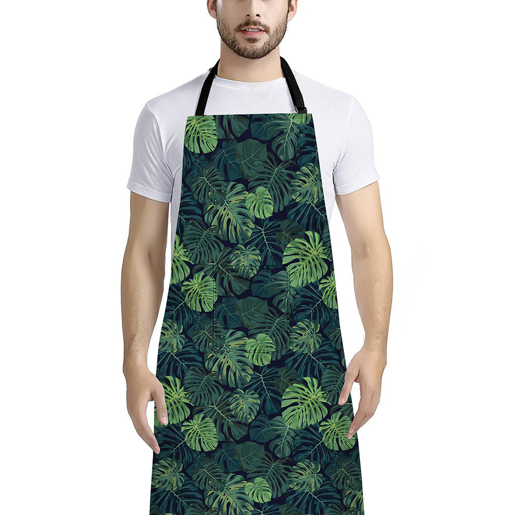 Monstera Palm Leaves Pattern Print Bib Apron With Pocket