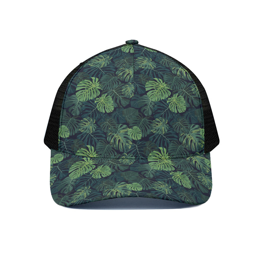 Monstera Palm Leaves Pattern Print Black Mesh Trucker Cap