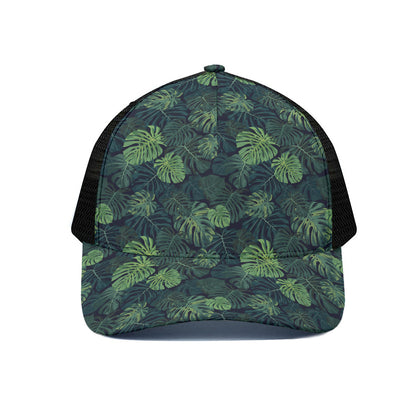 Monstera Palm Leaves Pattern Print Black Mesh Trucker Cap