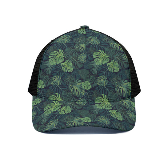 Monstera Palm Leaves Pattern Print Black Mesh Trucker Cap