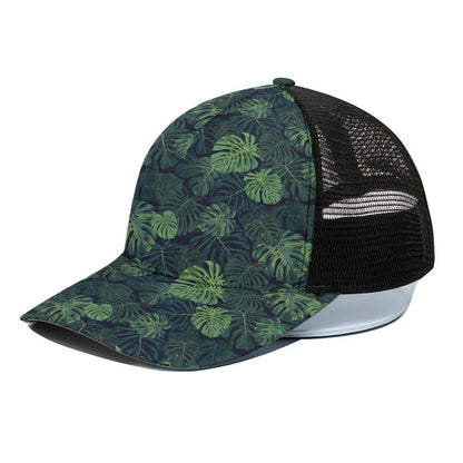 Monstera Palm Leaves Pattern Print Black Mesh Trucker Cap