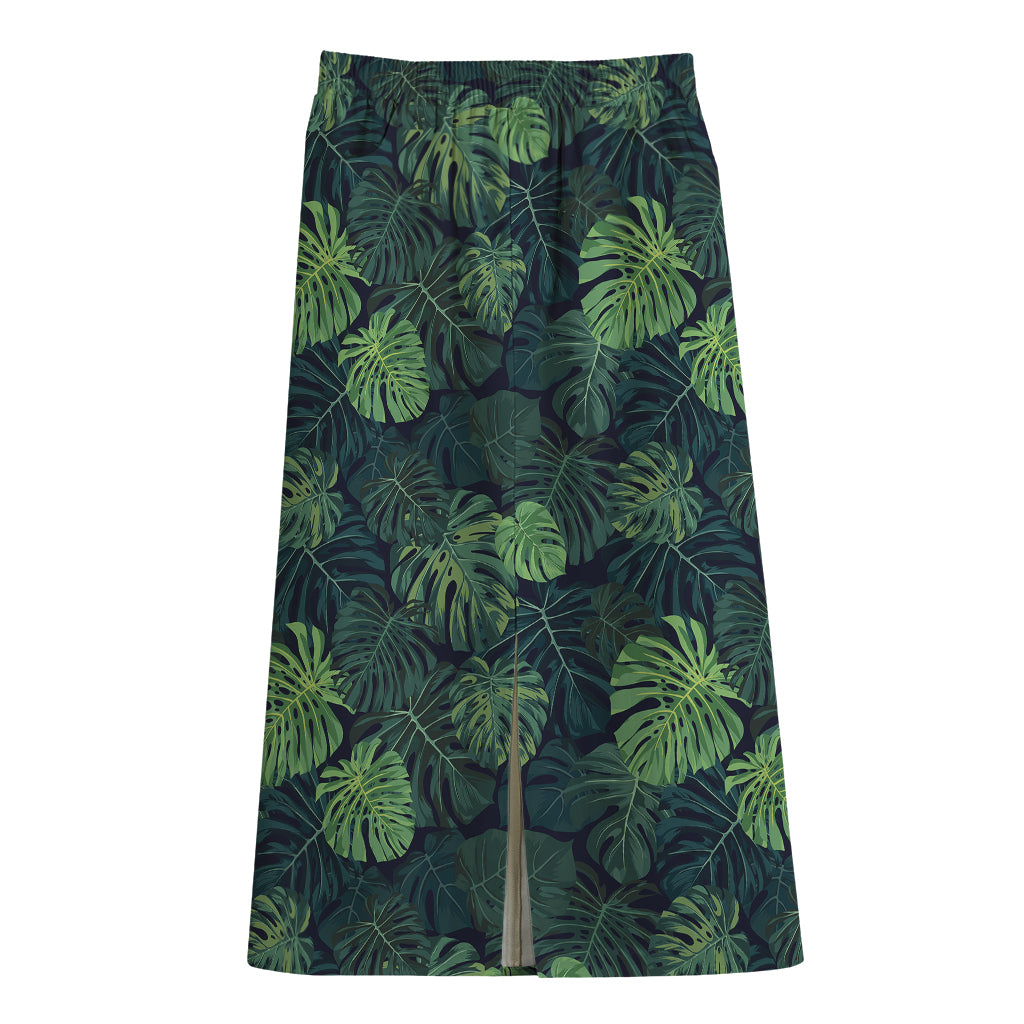 Monstera Palm Leaves Pattern Print Cotton Front Slit Maxi Skirt
