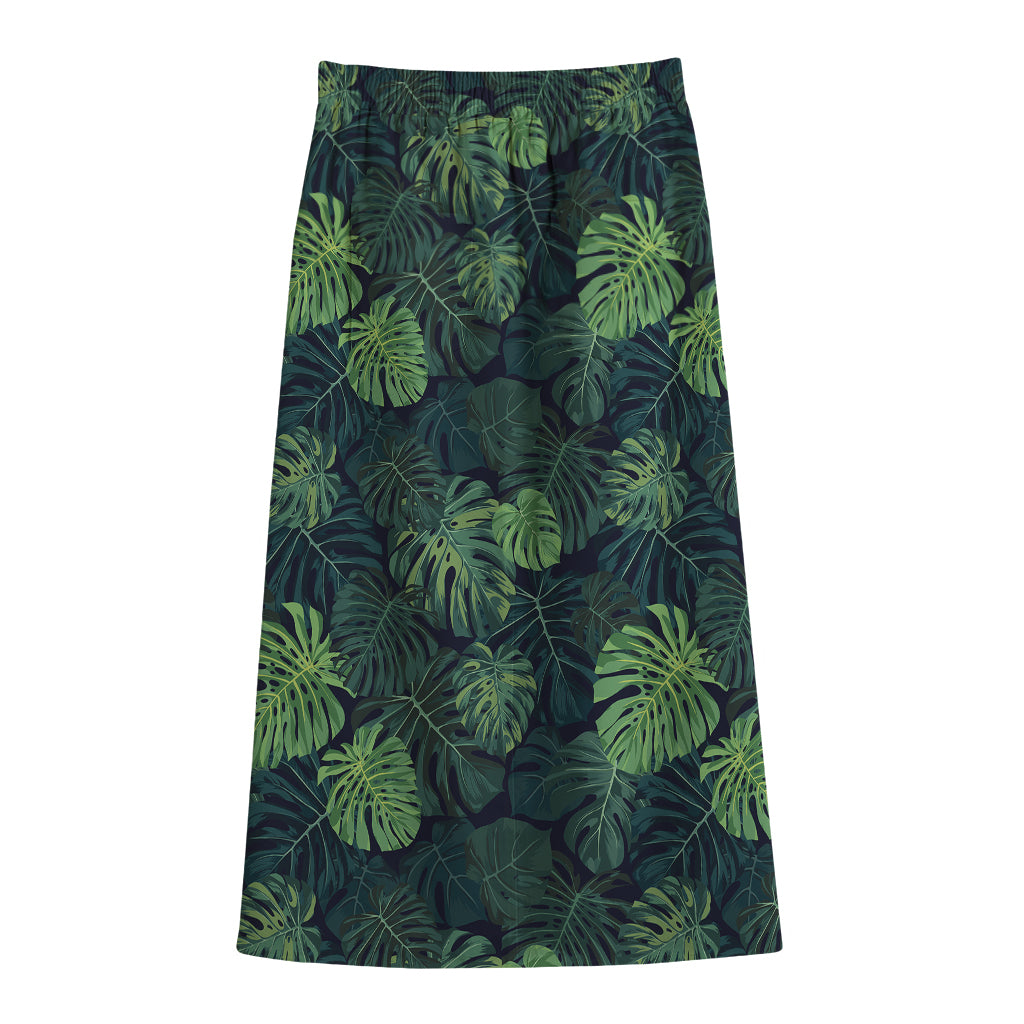 Monstera Palm Leaves Pattern Print Cotton Front Slit Maxi Skirt