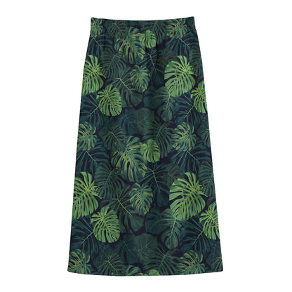 Monstera Palm Leaves Pattern Print Cotton Front Slit Maxi Skirt